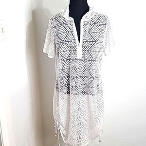 Dotti White See-Through Cover-up with Hoodie, Zipper Neckline,  Size Large